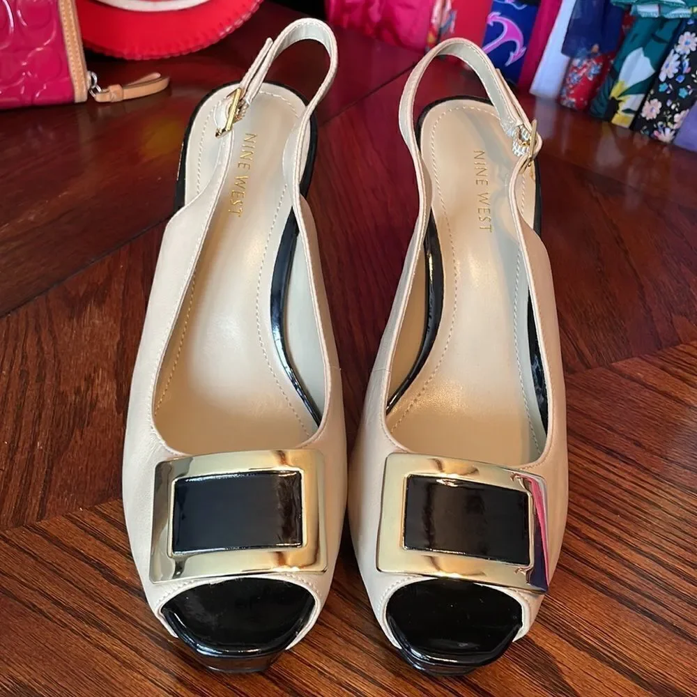 Nine West ivory leather black patent and gold accent slingback platform heels